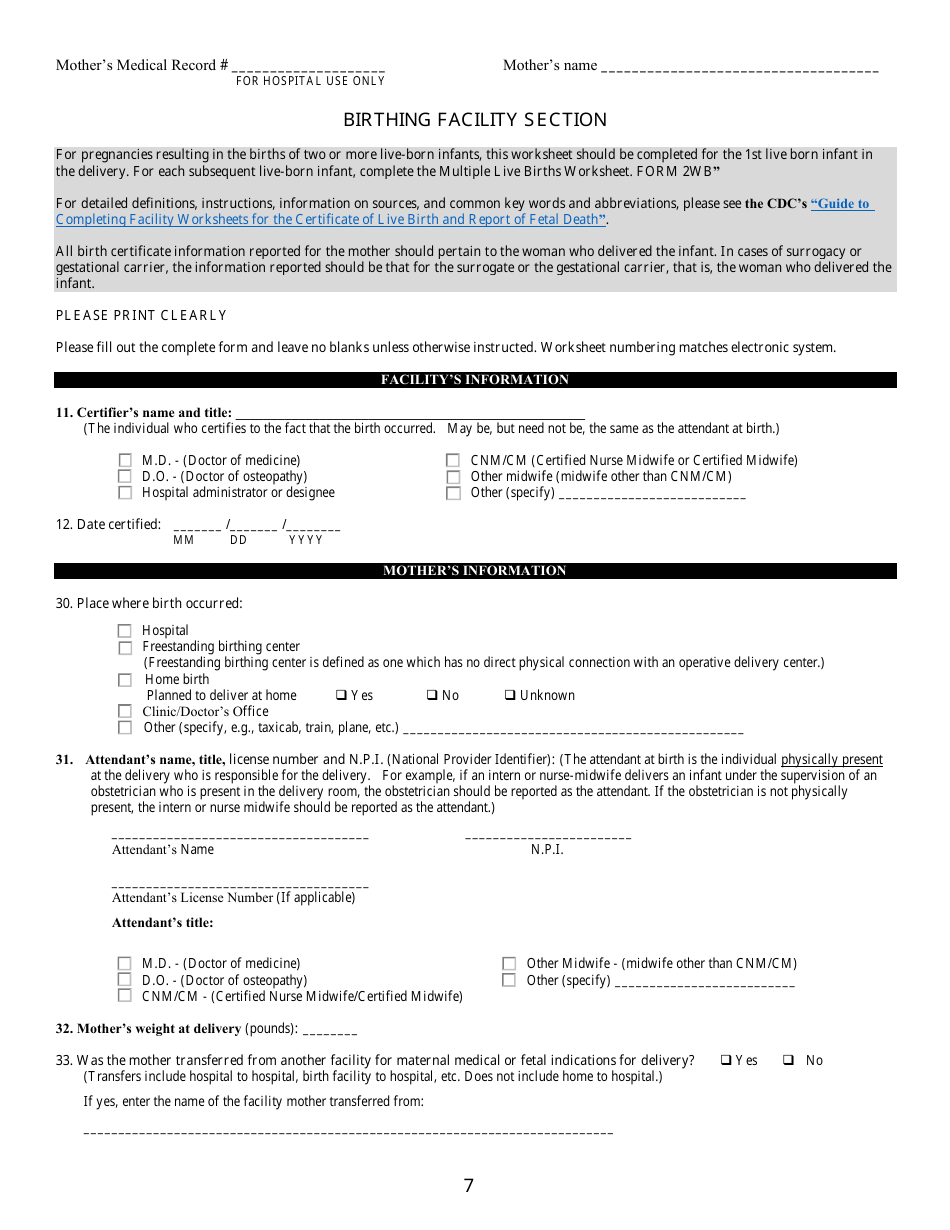 Form VS-2WA Live Birth Worksheet - Kentucky, Page 7