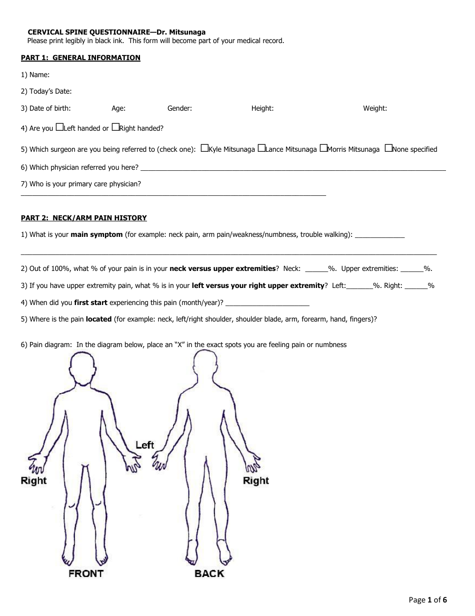 Cervical Spine Questionnaire Download Printable PDF | Templateroller