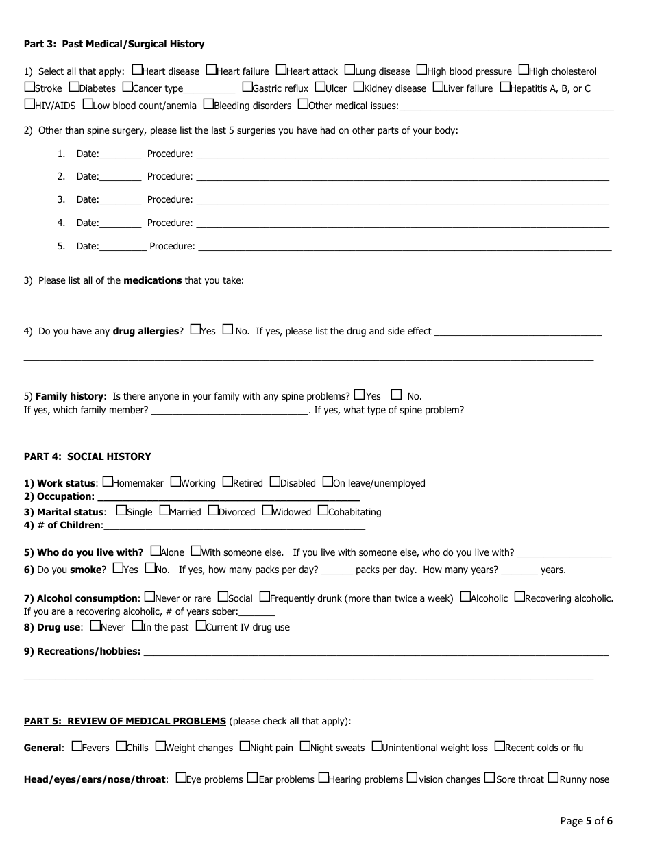 Cervical Spine Questionnaire Download Printable PDF | Templateroller