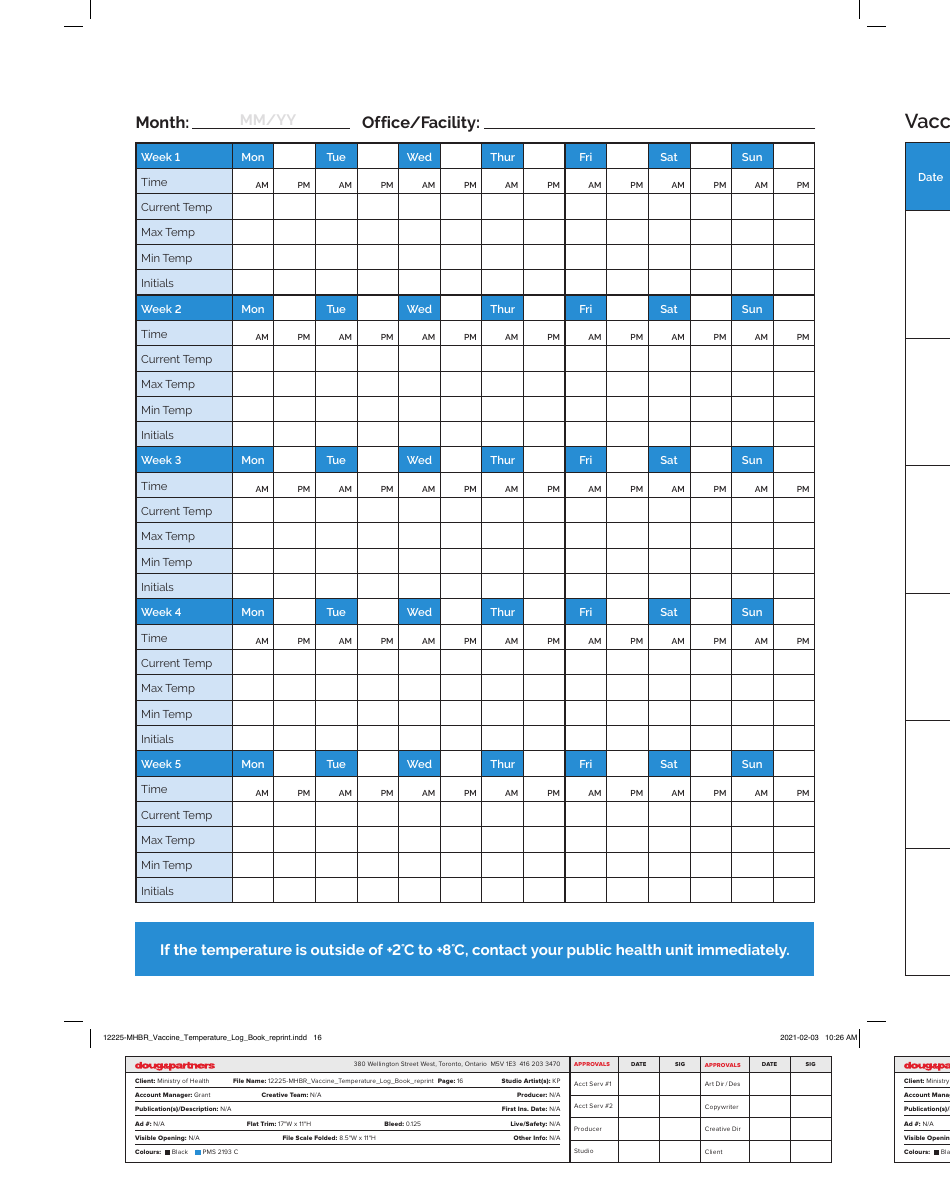 Vaccine Temperature Log Book - Ontario, Canada, Page 16