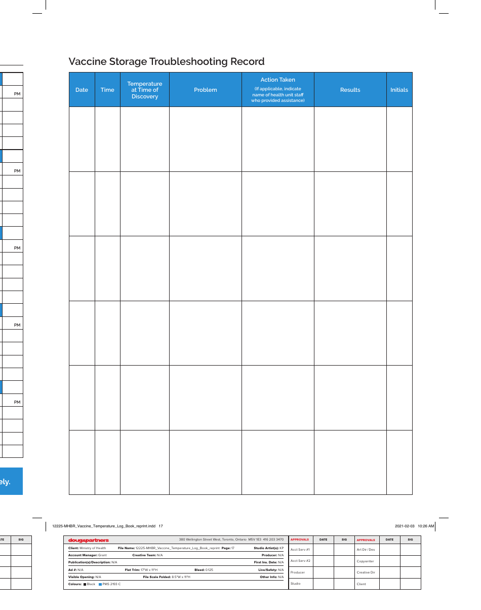 Vaccine Temperature Log Book - Ontario, Canada, Page 17