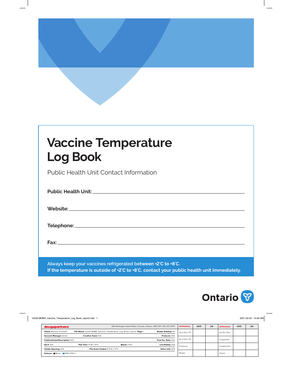 Vaccine Temperature Log Book - Ontario, Canada, Page 1