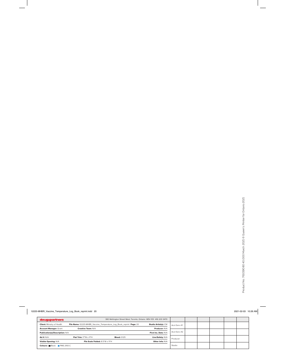 Vaccine Temperature Log Book - Ontario, Canada, Page 20