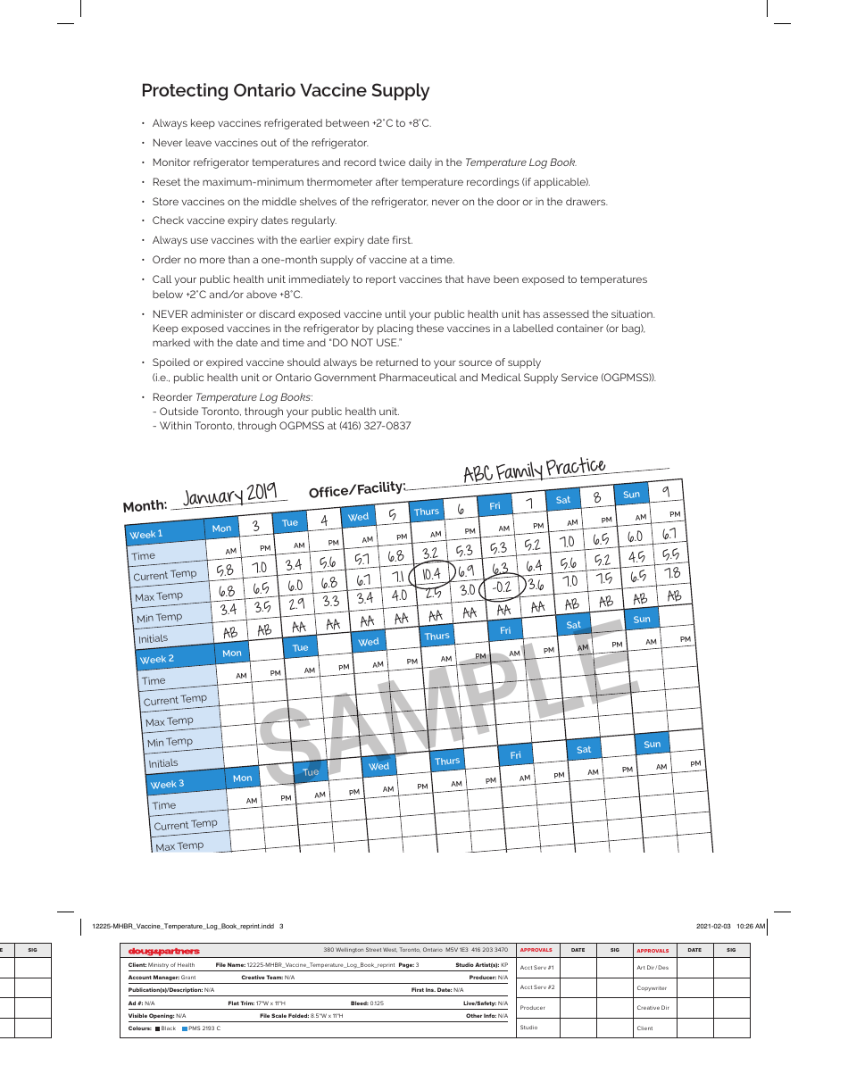 Vaccine Temperature Log Book - Ontario, Canada, Page 3