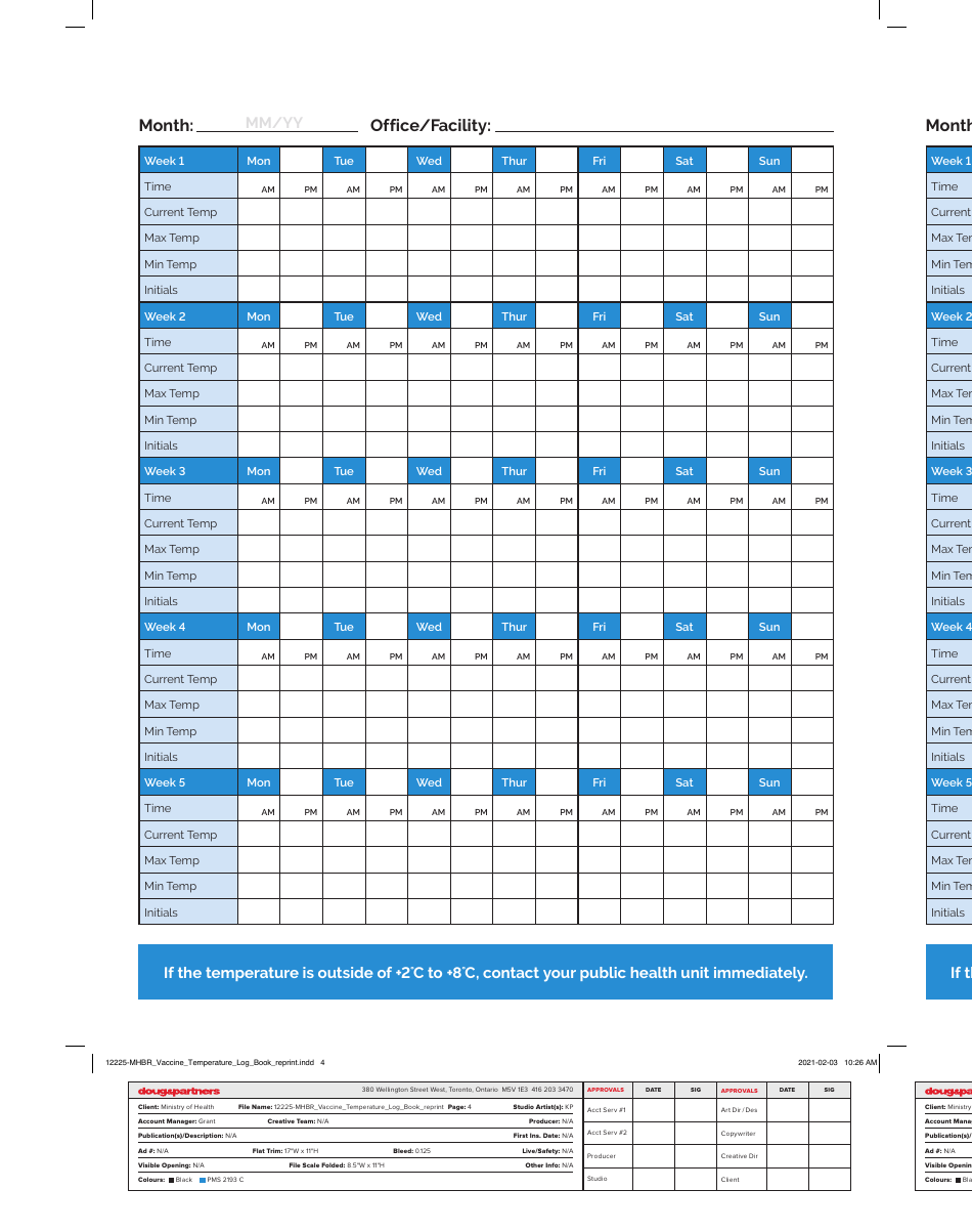 Vaccine Temperature Log Book - Ontario, Canada, Page 4