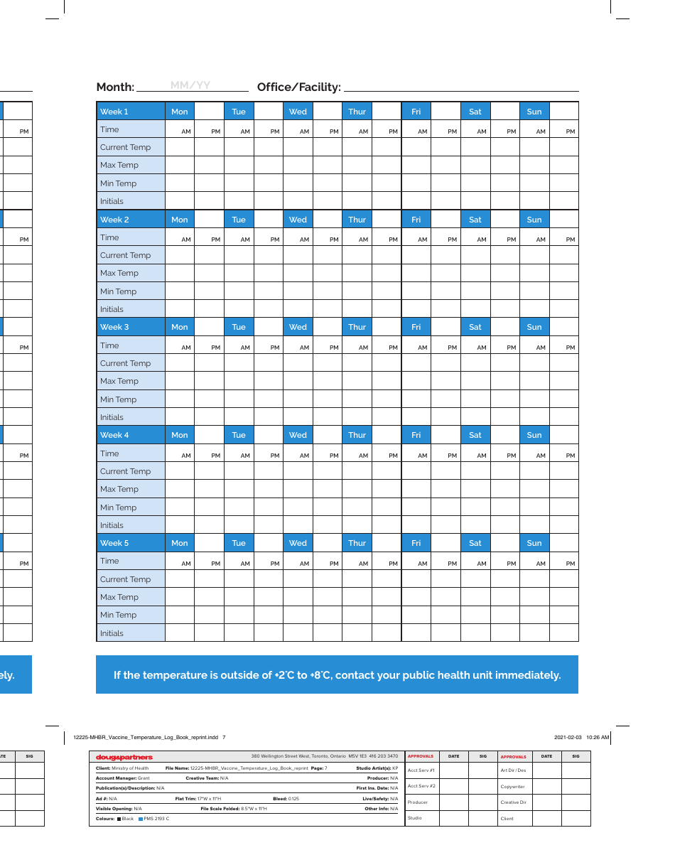 Vaccine Temperature Log Book - Ontario, Canada, Page 7