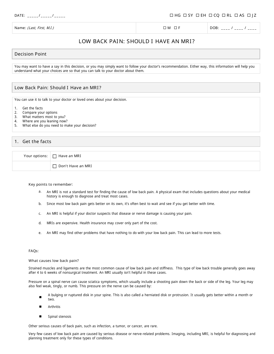 Low Back Pain MRI Questionnaire - An Efficient Tool for Diagnostic Evaluation