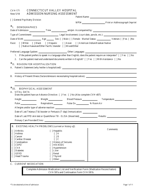 Form CVH-171 Connecticut Valley Hospital Admission Nursing Assessment - Connecticut