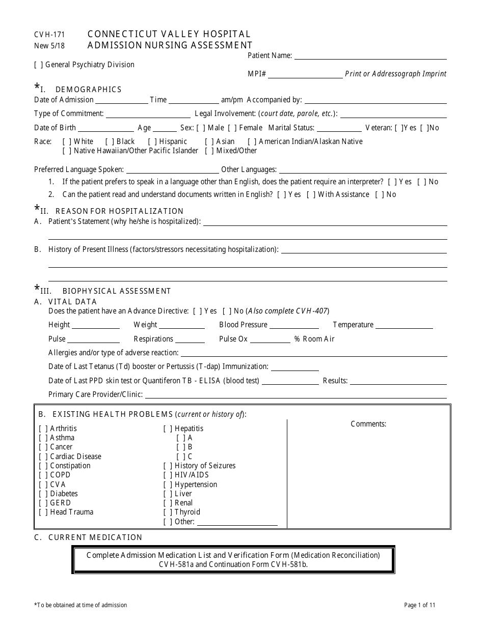 Form CVH-171 Connecticut Valley Hospital Admission Nursing Assessment - Connecticut, Page 1
