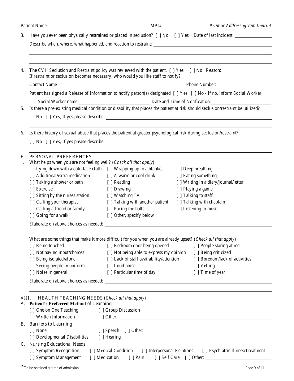 Form CVH-171 Connecticut Valley Hospital Admission Nursing Assessment - Connecticut, Page 9