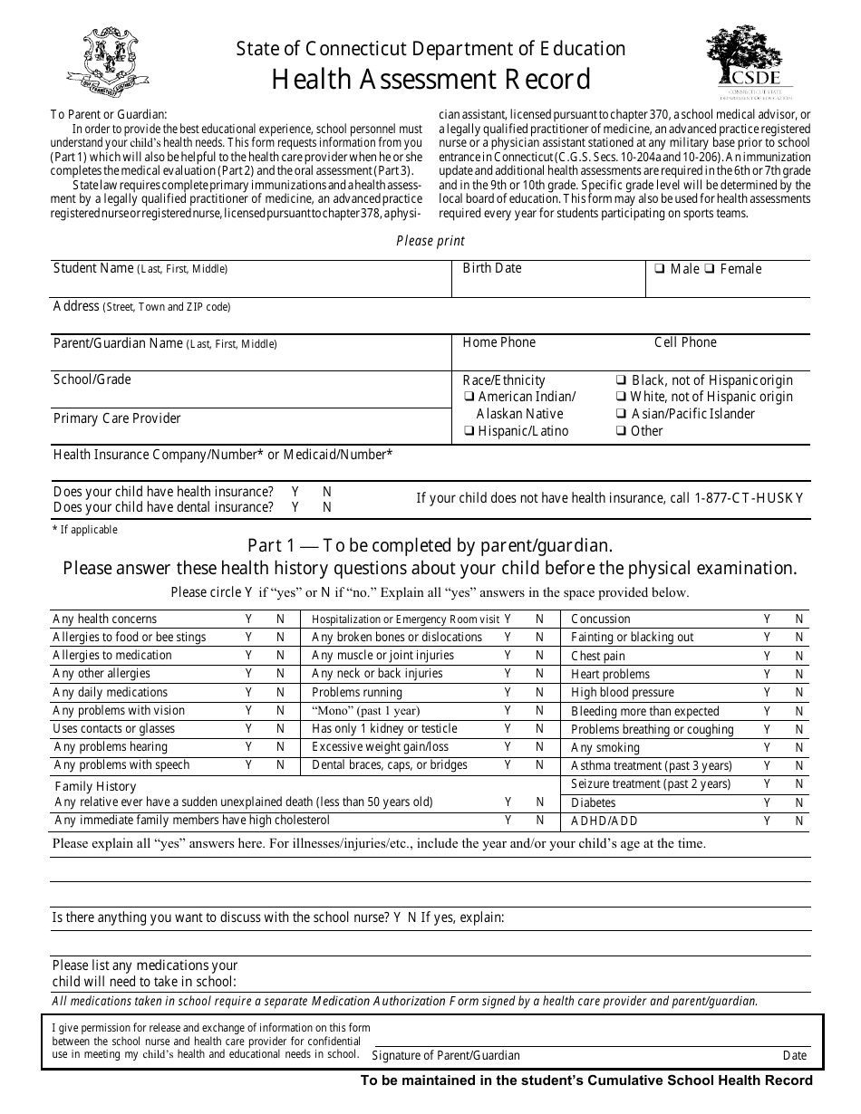 Form HAR-3 Health Assessment Record - Connecticut, Page 1