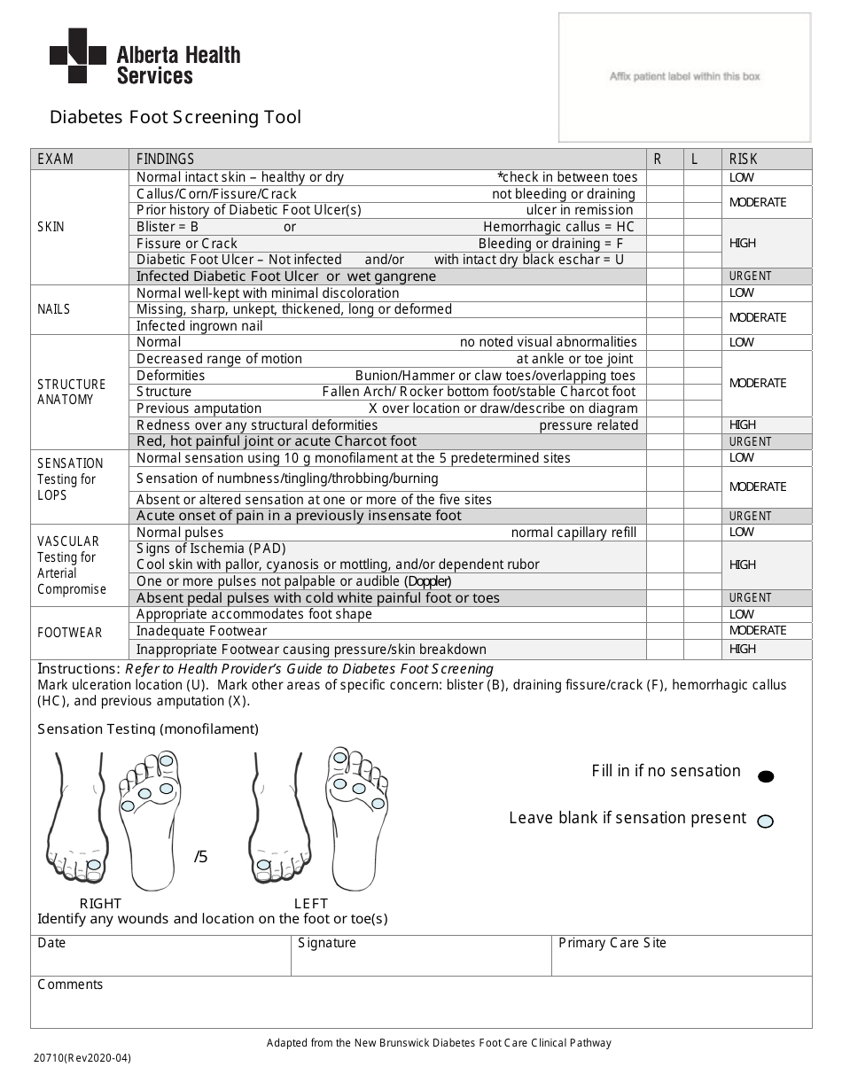 Form 20710 Diabetes Foot Screening Tool - Alberta, Canada, Page 1