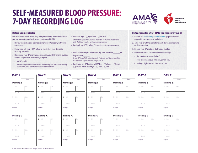 7-day Blood Pressure Recording Log