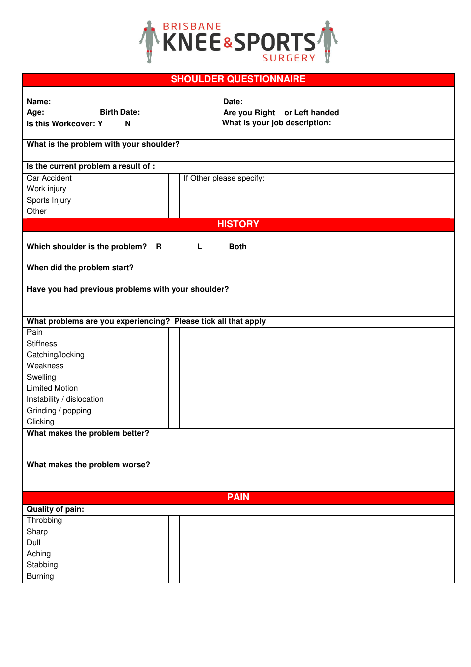 Shoulder Questionnaire Fill Out, Sign Online and Download PDF