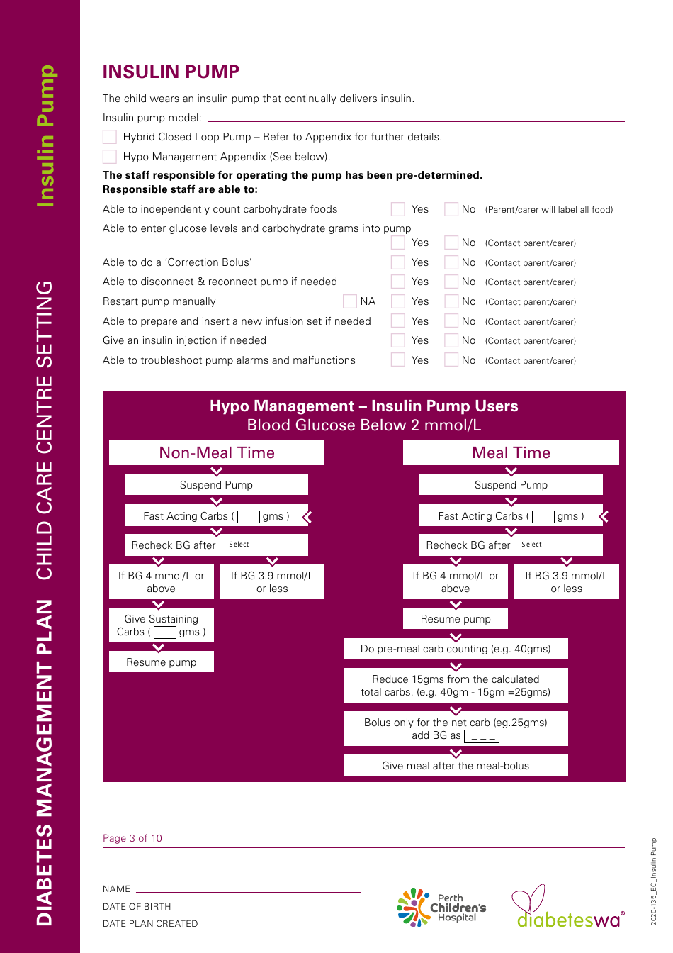 Diabetes Management Plan - Insulin Pump, Page 3