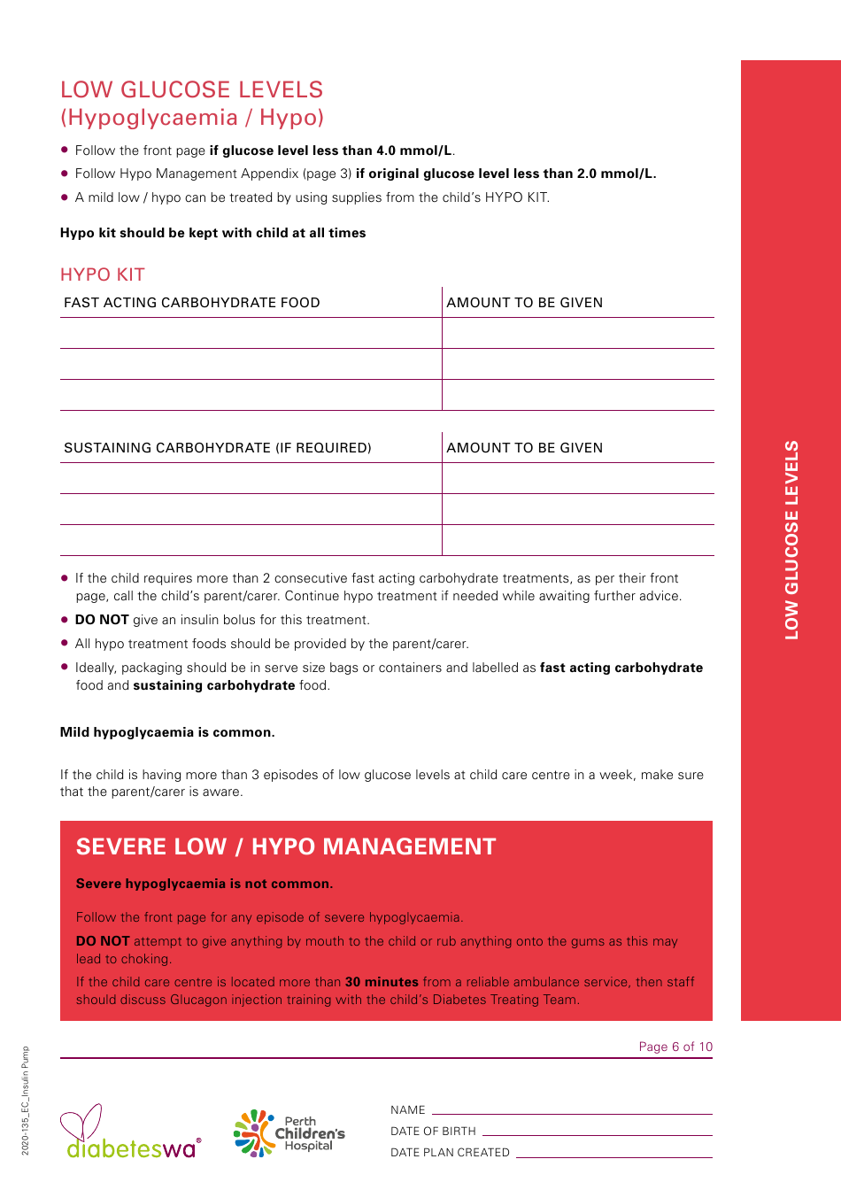 Diabetes Management Plan - Insulin Pump, Page 6