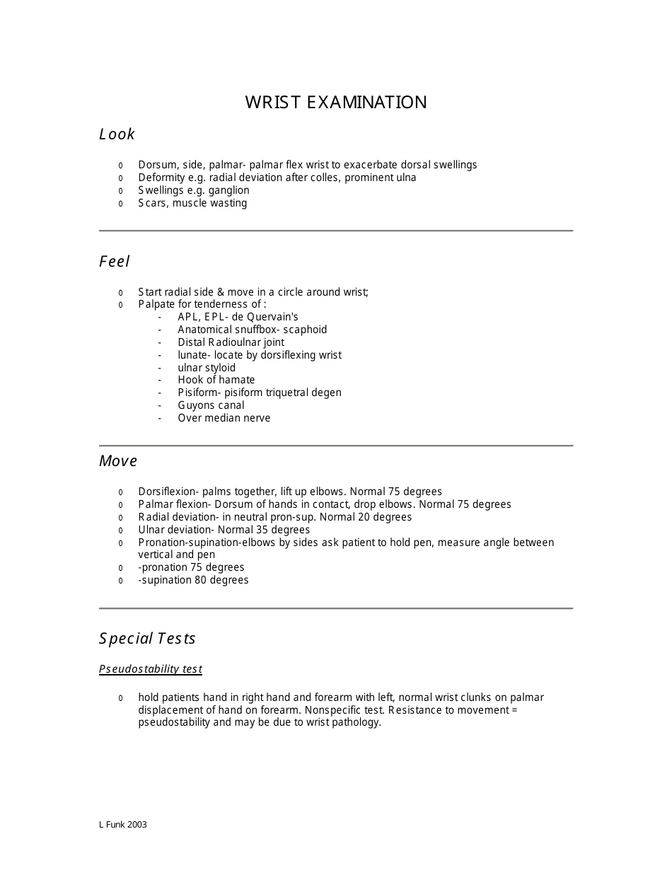 Wrist Examination Checklist, Page 1