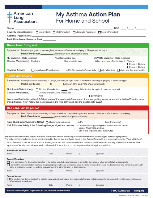 Asthma Action Plan document preview - A blank Action Plan document with sections for asthma management and instructions on how to handle symptoms and emergencies.
