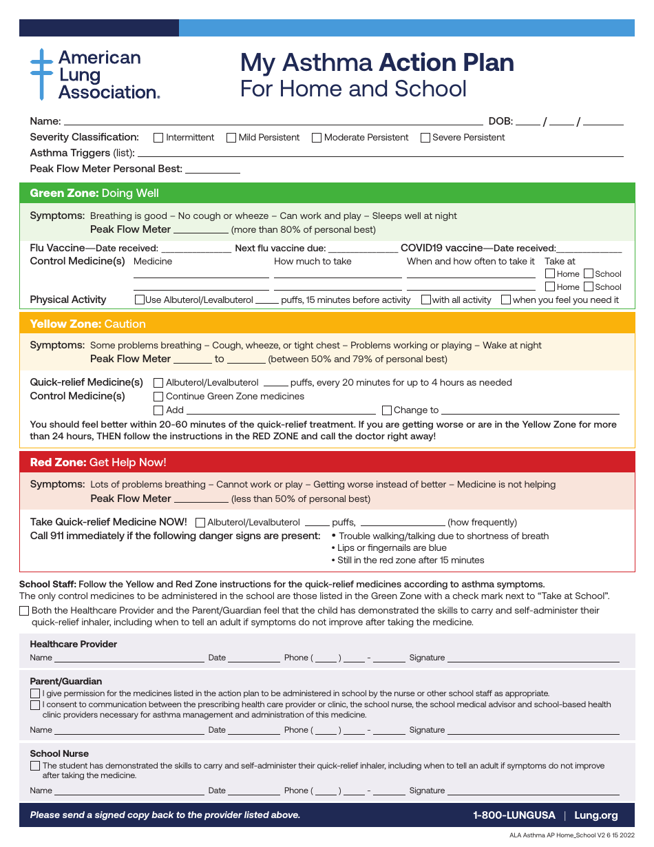 Asthma Action Plan - American Lung Association Download Printable PDF ...