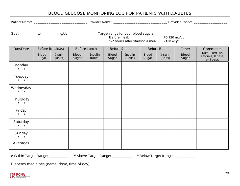 Blood Glucose Monitoring Log for Patients With Diabetes, Page 1