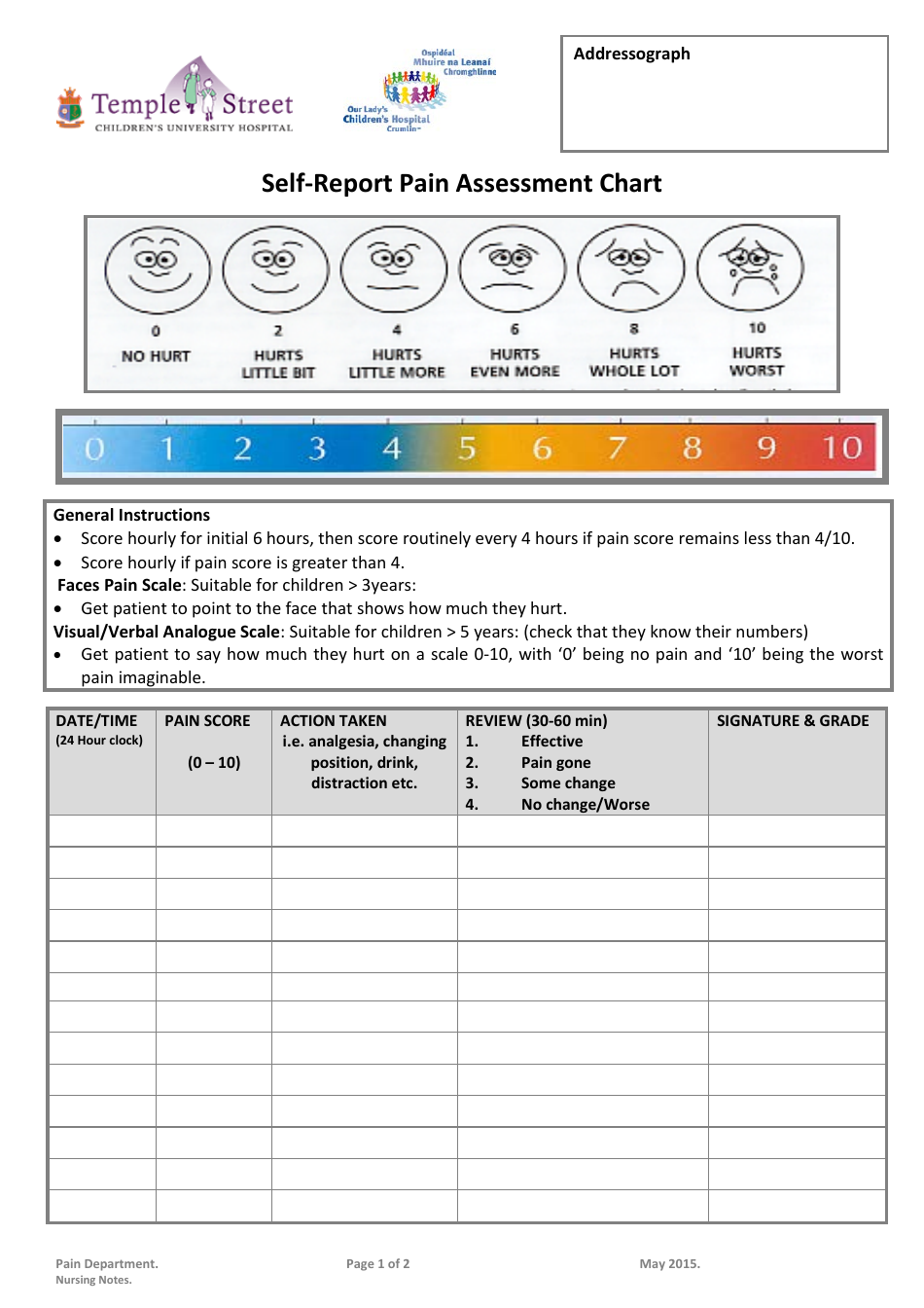 Self-report Pain Assessment Chart - Temple Street, Page 1