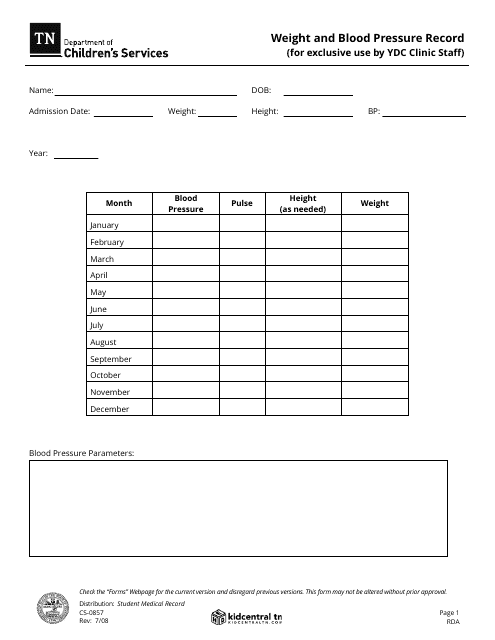 Form CS-0857 Weight and Blood Pressure Record - Tennessee