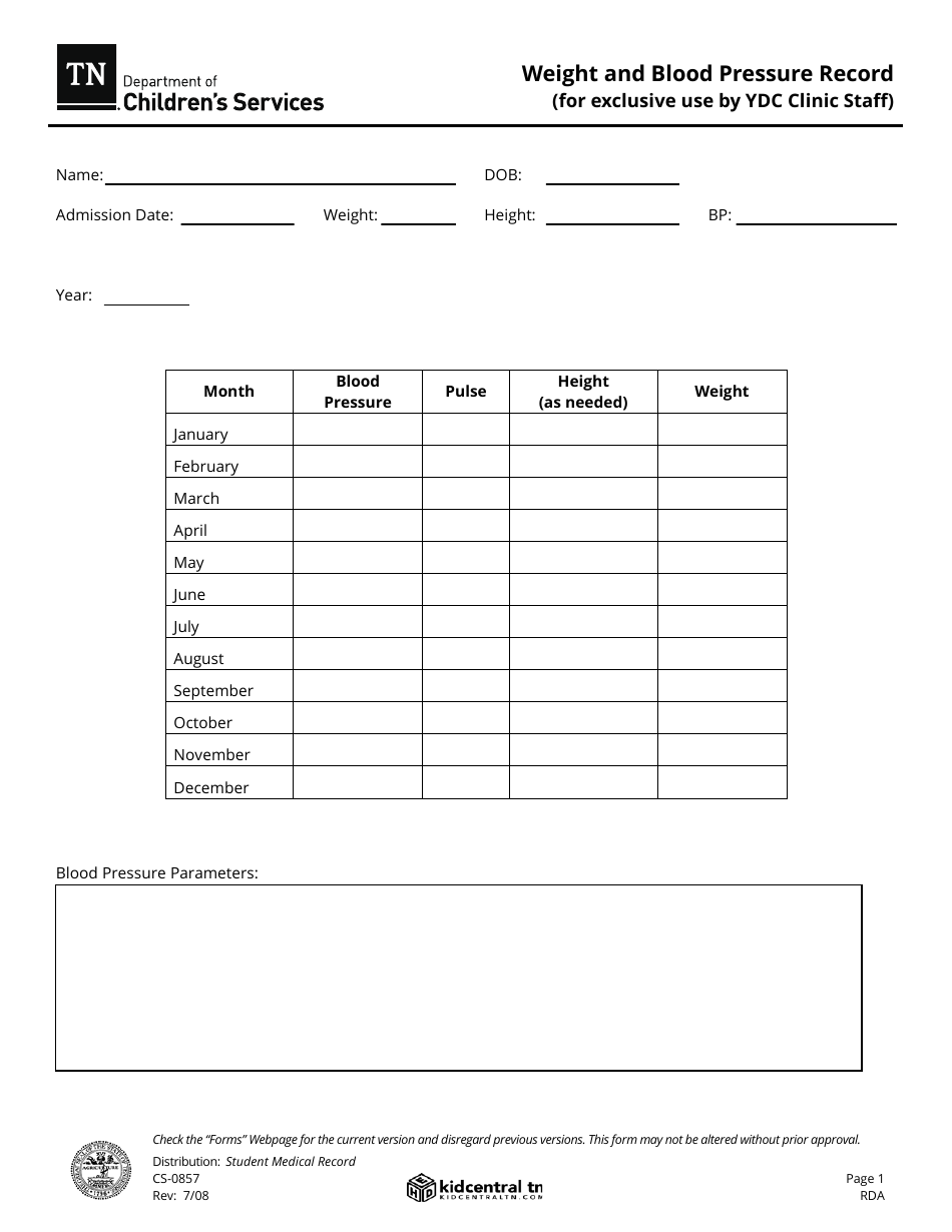Form CS-0857 Weight and Blood Pressure Record - Tennessee, Page 1