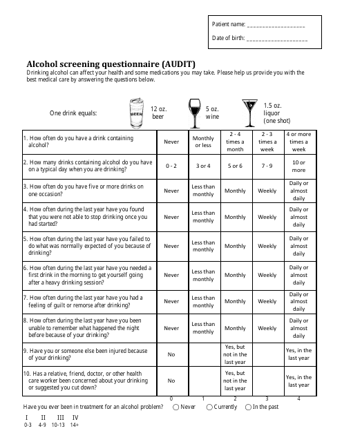 Alcohol Screening Questionnaire (Audit) Download Pdf