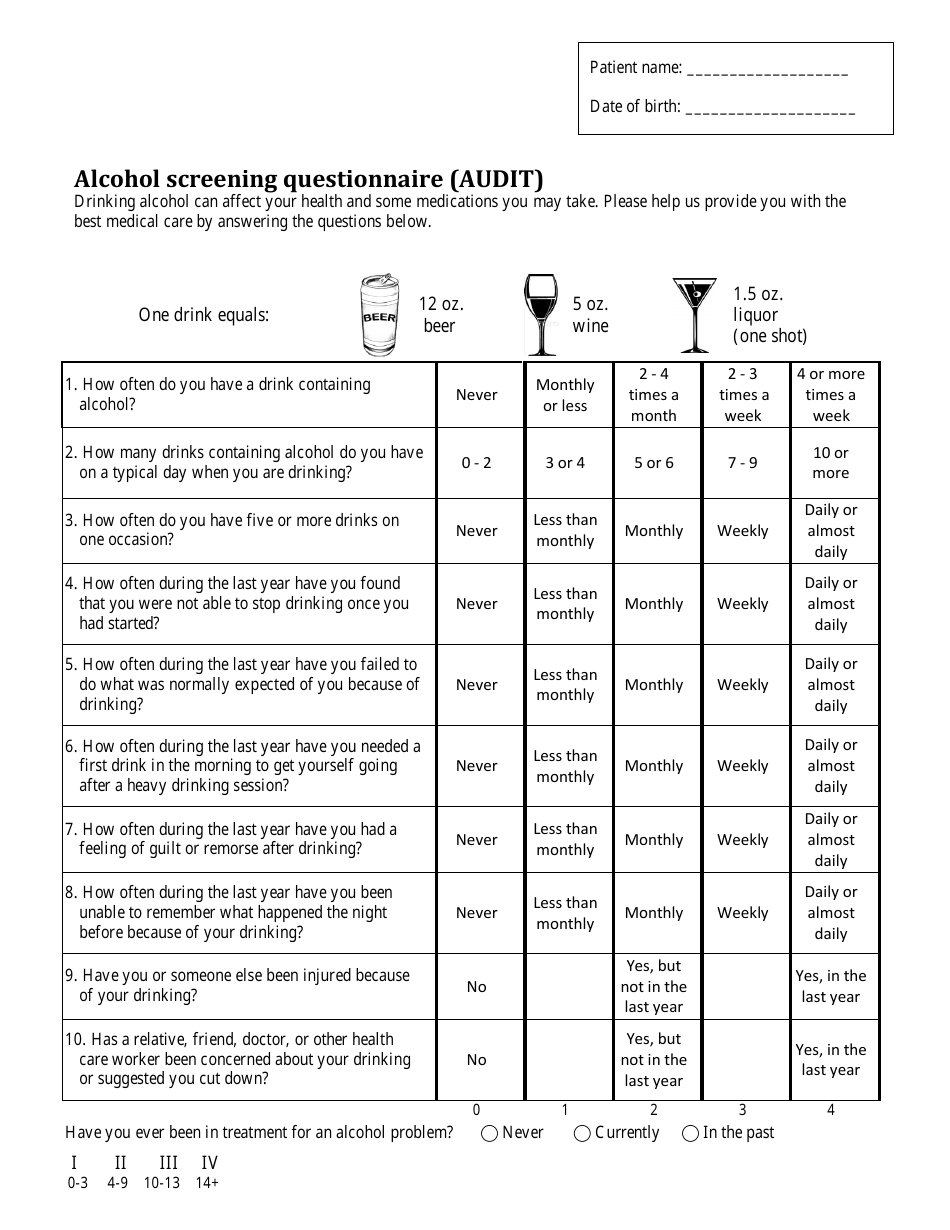 Alcohol Screening Questionnaire Audit Download Printable Pdf Templateroller 