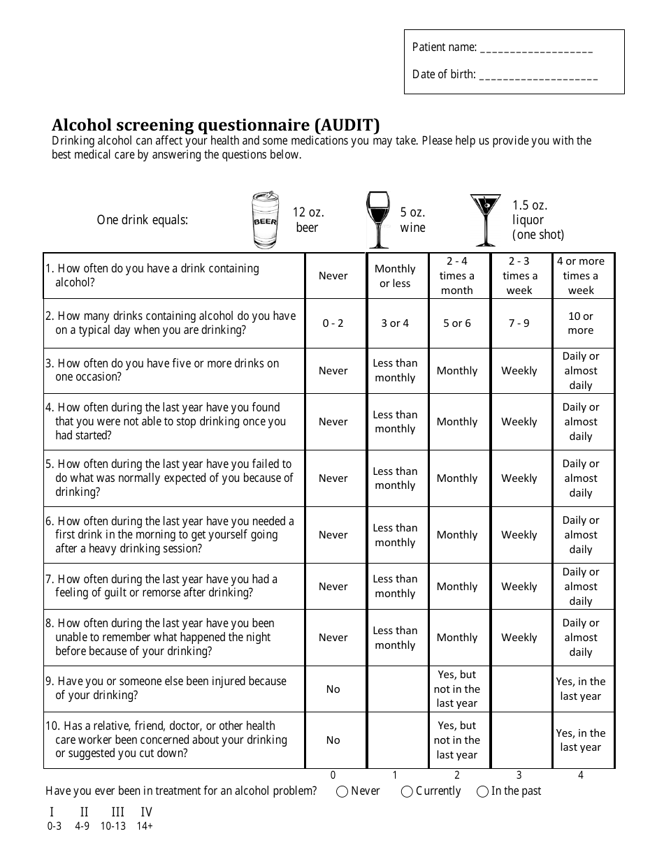 Alcohol Screening Questionnaire (Audit), Page 1