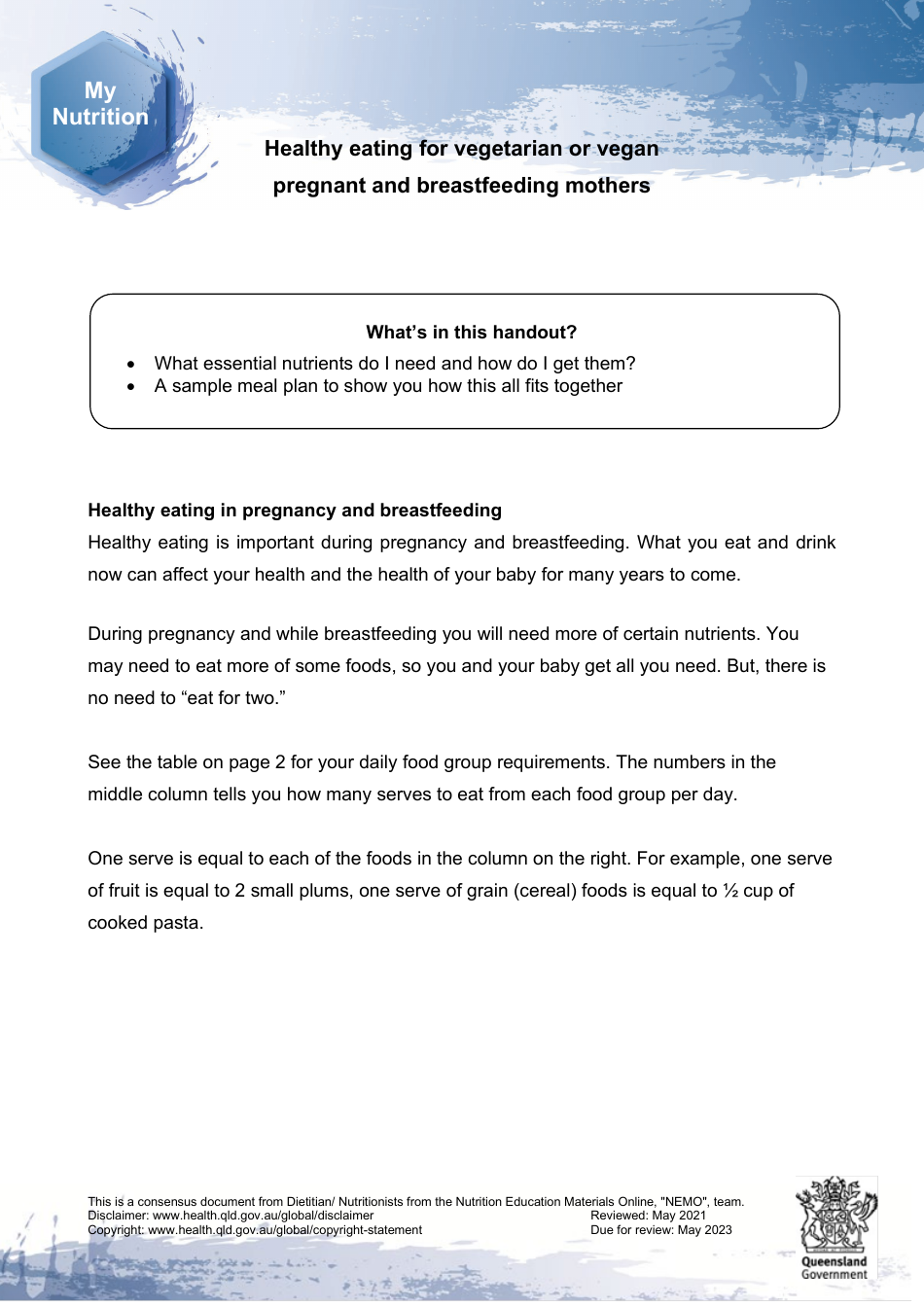 Healthy Eating for Vegetarian or Vegan Pregnant and Breastfeeding Mothers - Queensland, Australia, Page 1