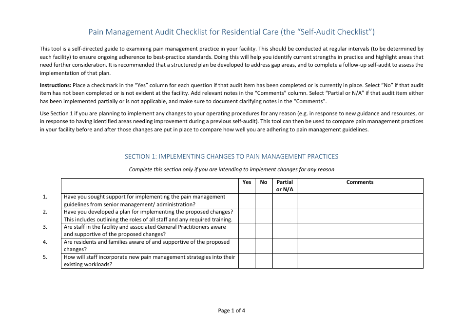 Pain Management Audit Checklist for Residential Care (The Self-audit Checklist), Page 1