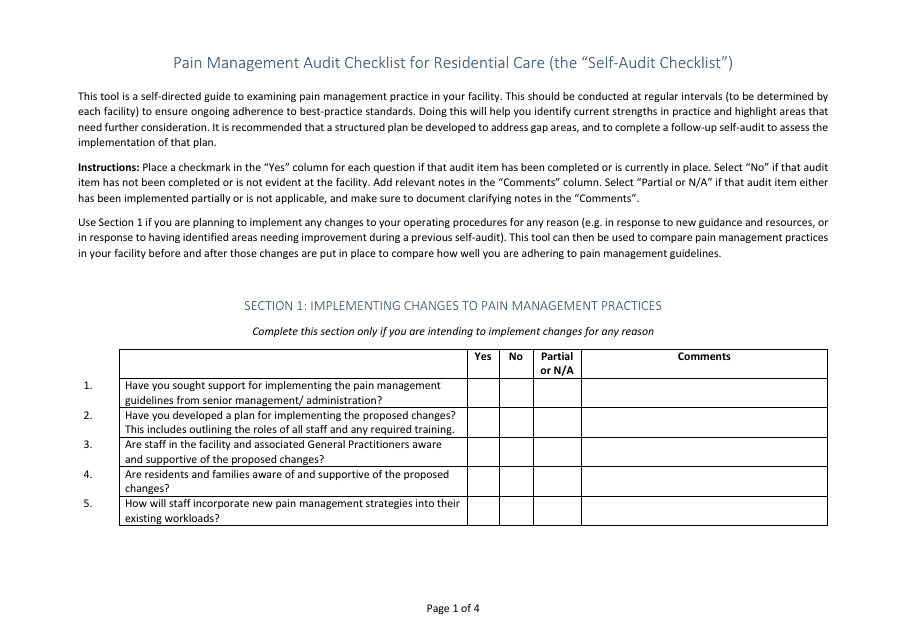 Pain Management Audit Checklist for Residential Care (The Self-audit Checklist) Download Pdf