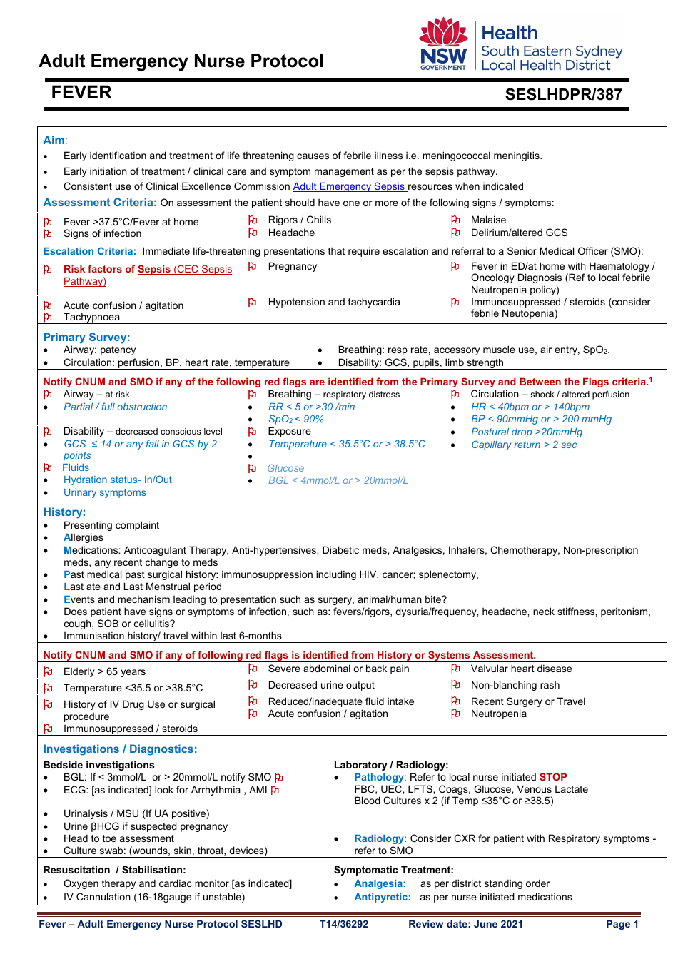 Adult Emergency Nurse Protocol - Fever - New South Wales, Australia, Page 1
