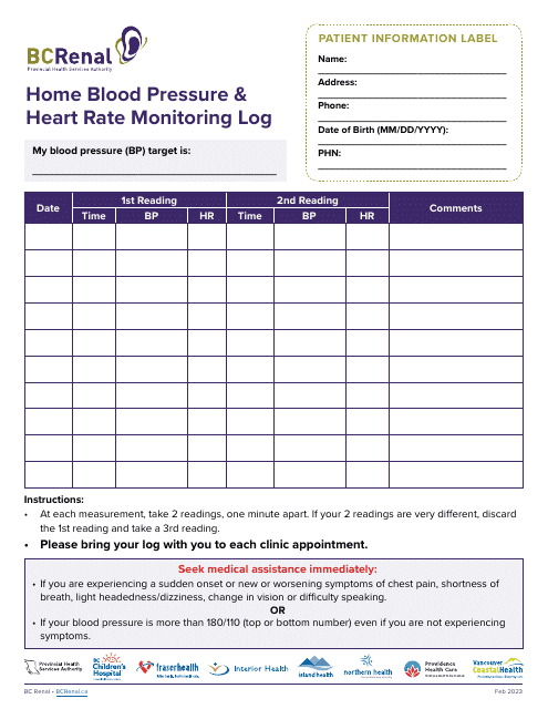 Home Blood Pressure & Heart Rate Monitoring Log