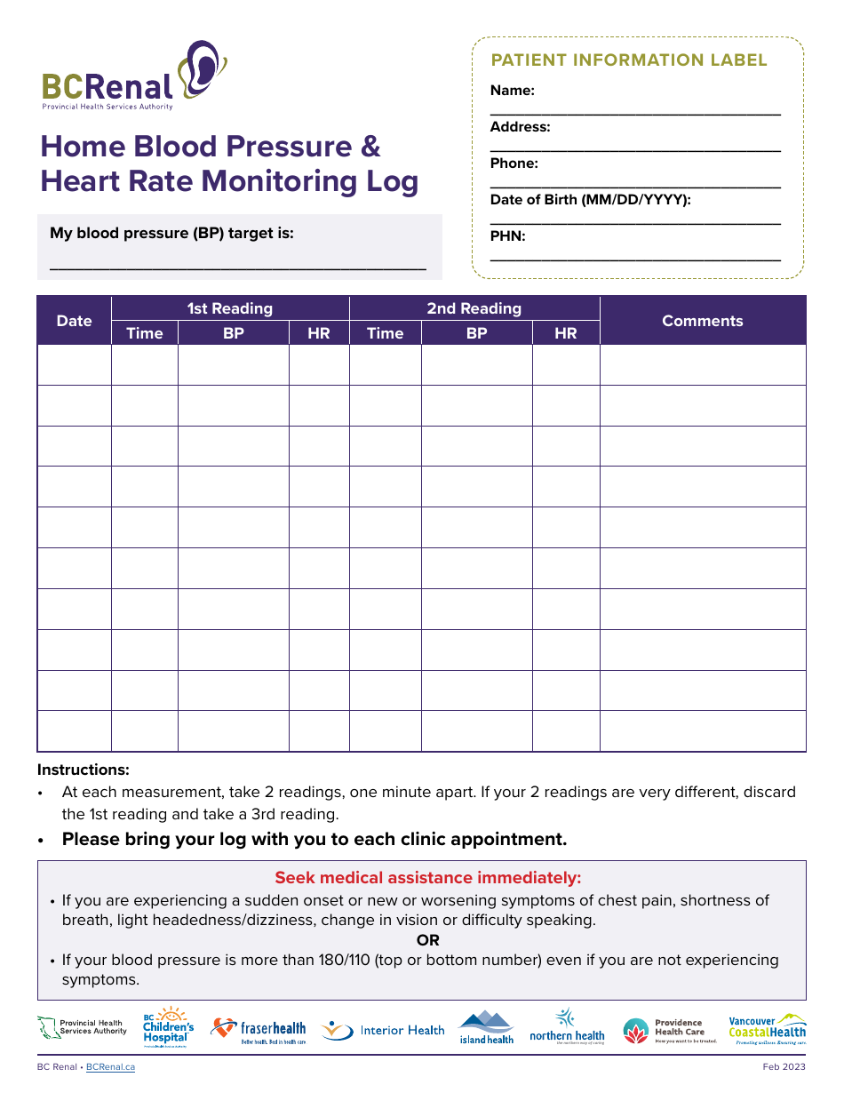 Home Blood Pressure  Heart Rate Monitoring Log, Page 1