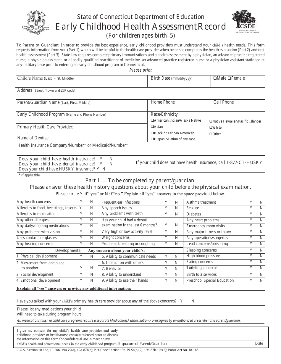 Early Childhood Health Assessment Record (For Children Ages Birth5) - Connecticut, Page 1