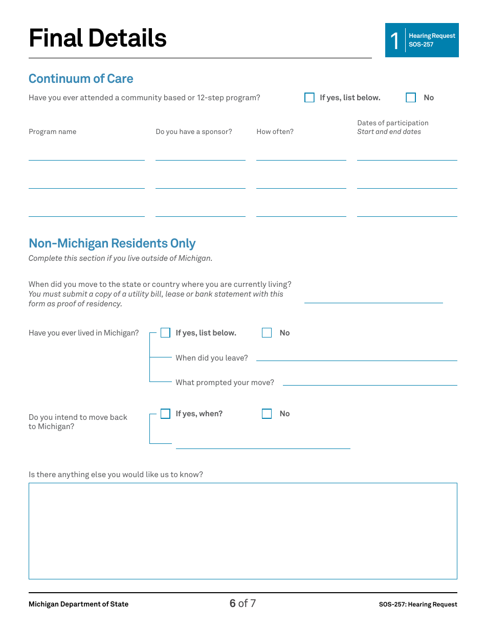 Form SOS-257 Hearing Request Application - Michigan, Page 6