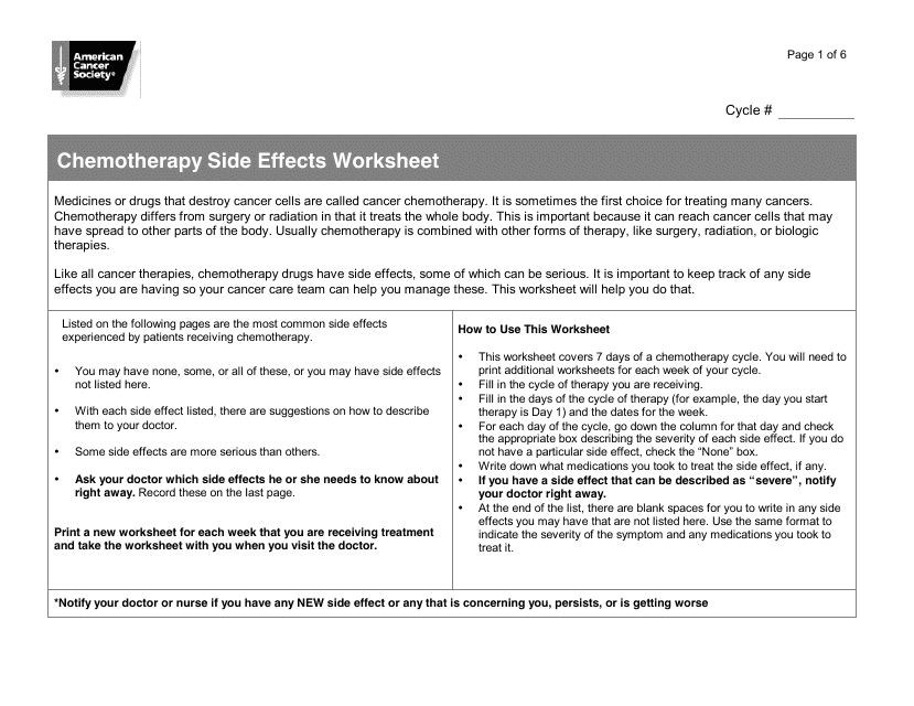 Chemotherapy Side Effects Worksheet