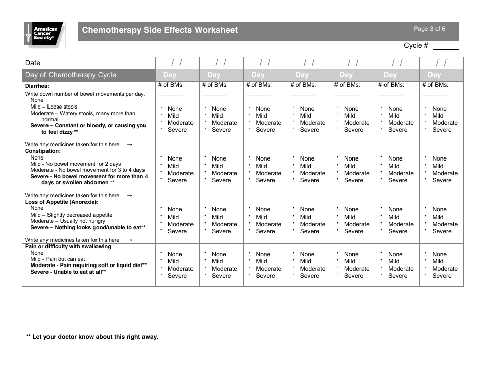 Chemotherapy Side Effects Worksheet, Page 3