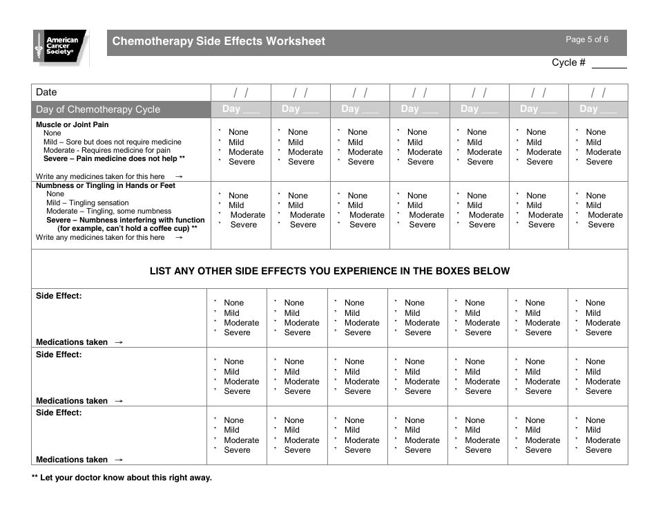 Chemotherapy Side Effects Worksheet, Page 5