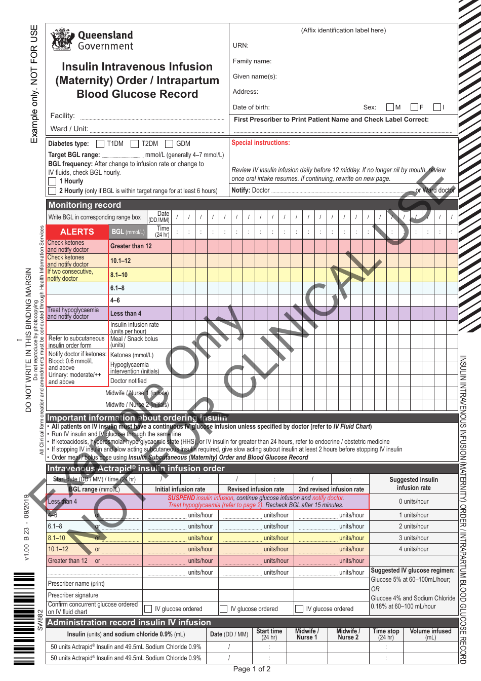 Insulin Intravenous Infusion (Maternity) Order / Intrapartum Blood Glucose Record - Example - Queensland, Australia, Page 1