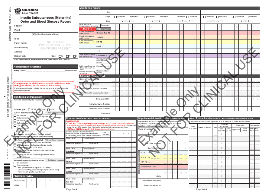 Insulin Subcutaneous (Maternity) Order and Blood Glucose Record - Example - Queensland, Australia