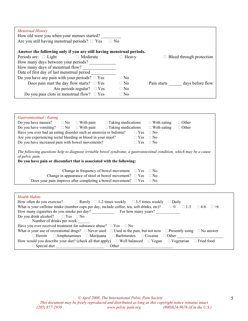 Pelvic Pain Assessment Form - the International Pelvic Pain Society, Page 5