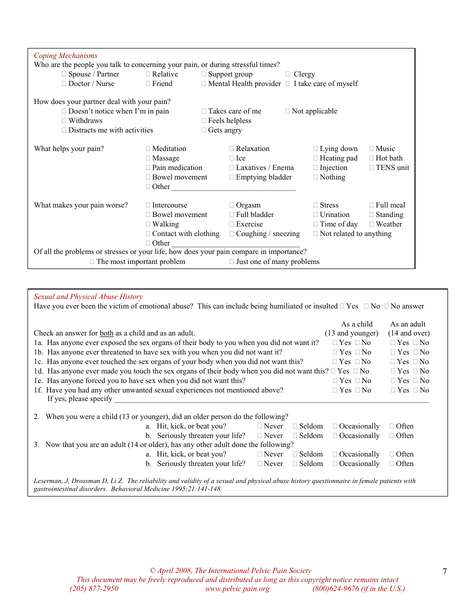 Pelvic Pain Assessment Form - the International Pelvic Pain Society, Page 7