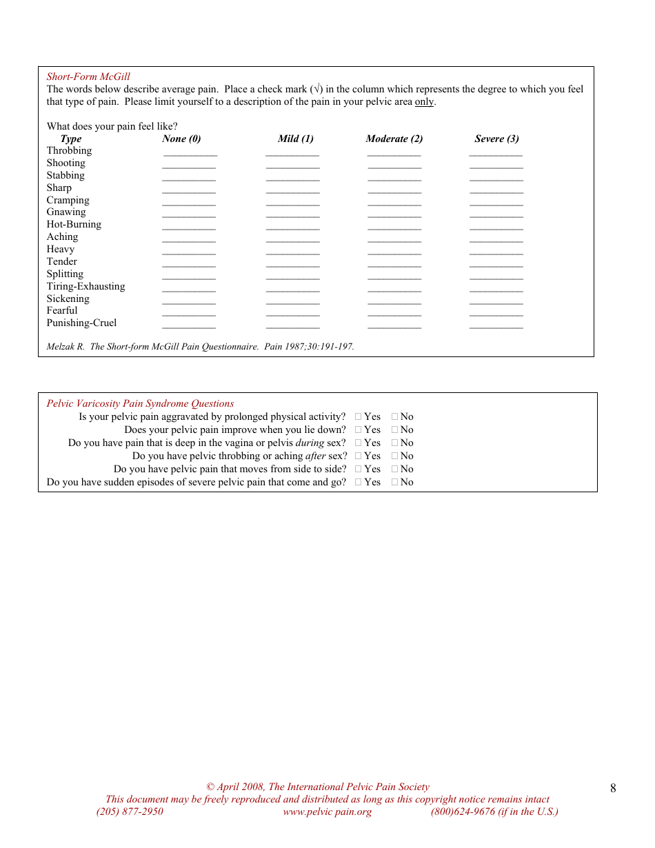 Pelvic Pain Assessment Form - the International Pelvic Pain Society, Page 8