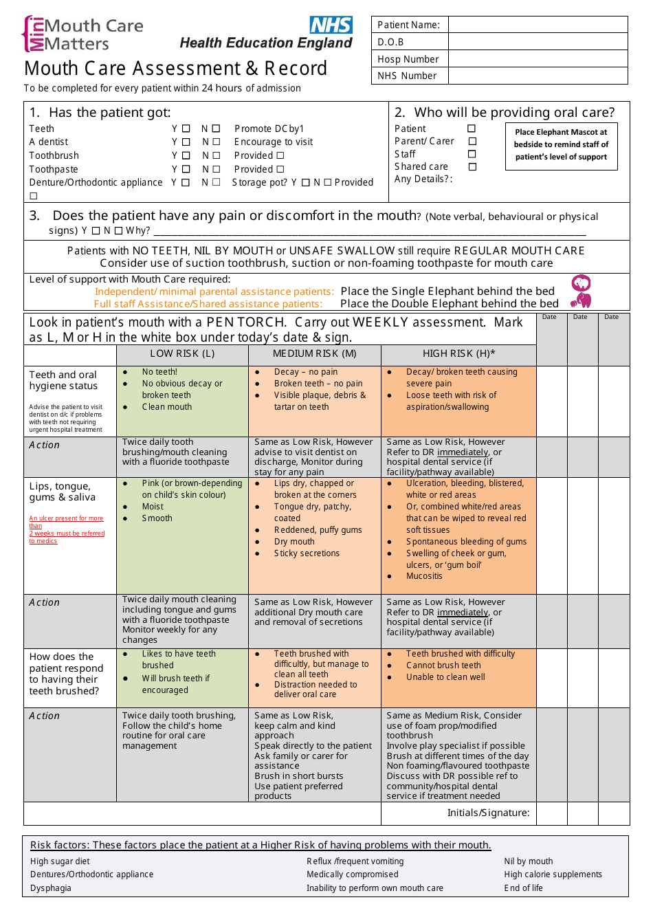 Mouth Care Assessment  Record - United Kingdom, Page 1