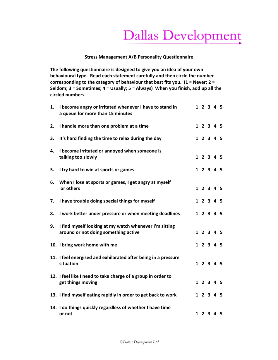Stress Management a / B Personality Questionnaire - Dallas Development, Page 1