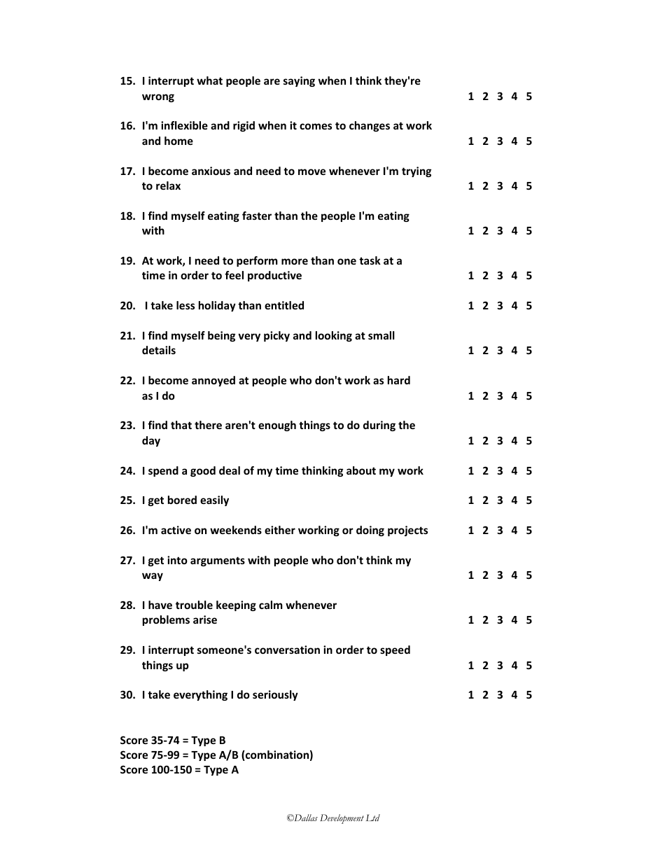 Stress Management a / B Personality Questionnaire - Dallas Development, Page 2