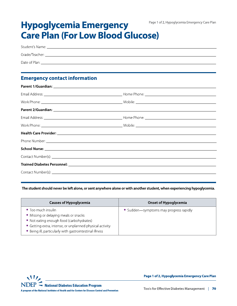 Hypoglycemia Emergency Care Plan (For Low Blood Glucose), Page 1